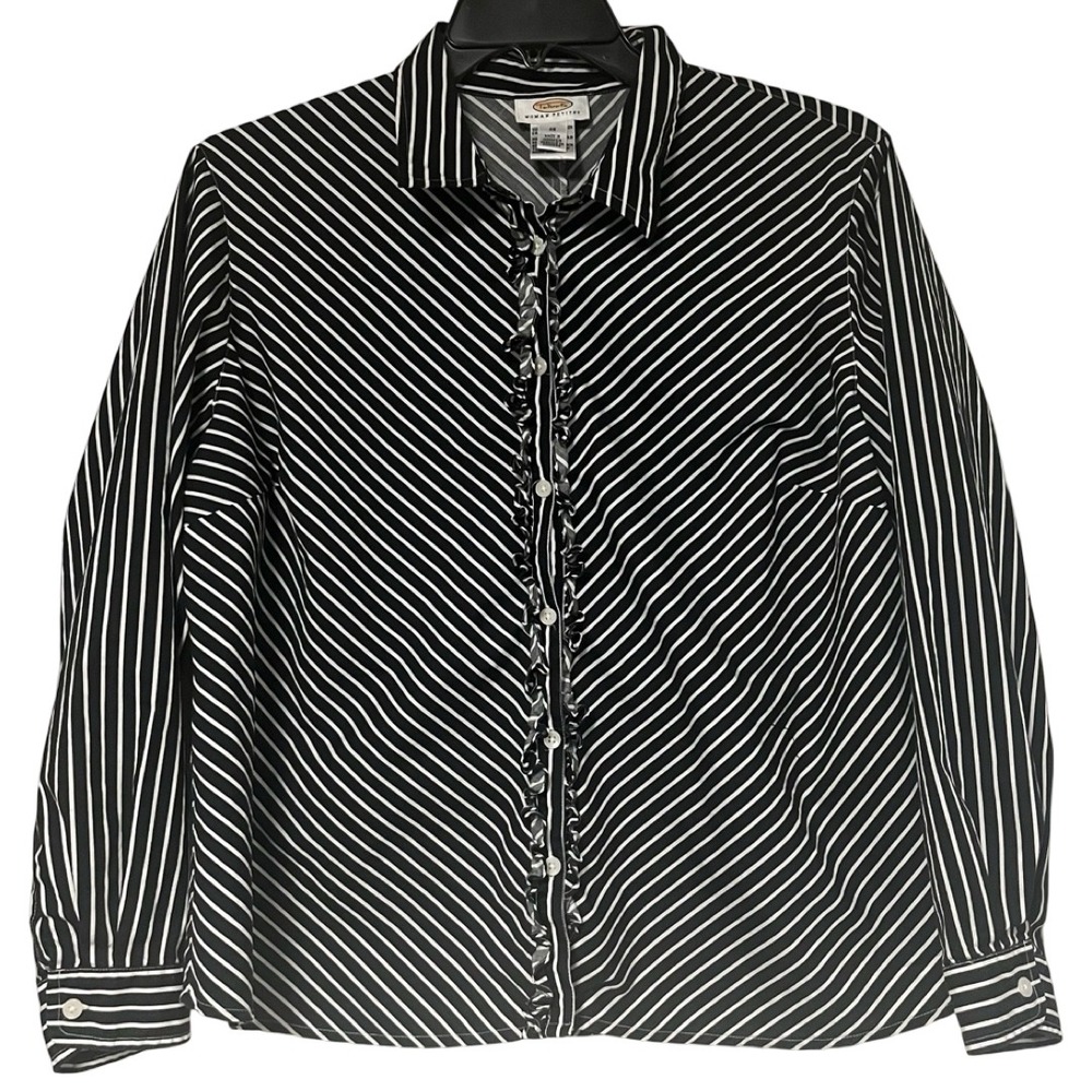 Talbots Woman Petite Plus Black White Stripe Ruffle Button‎ Down Shirt Blouse 2X